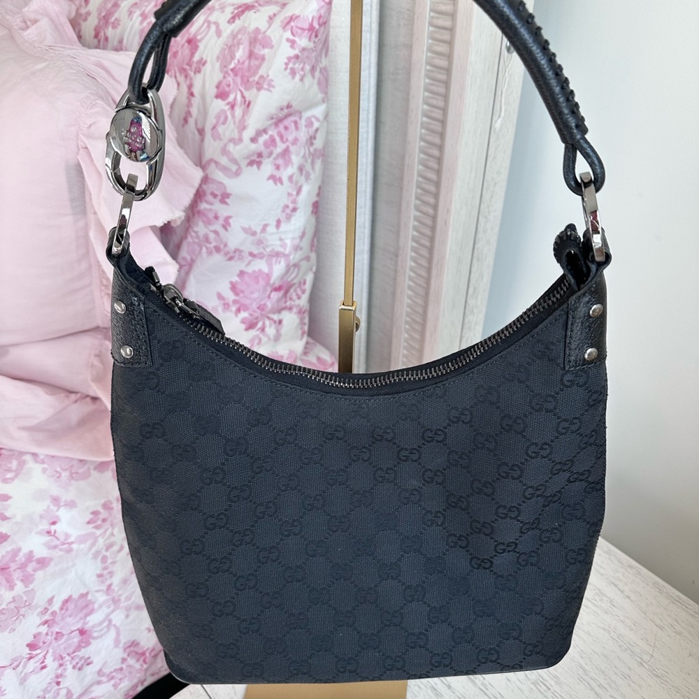Authentic Gucci GG Monogram Canvas Leather Horsebit Hobo Shoulder Bag Black - Picture 3 of 9